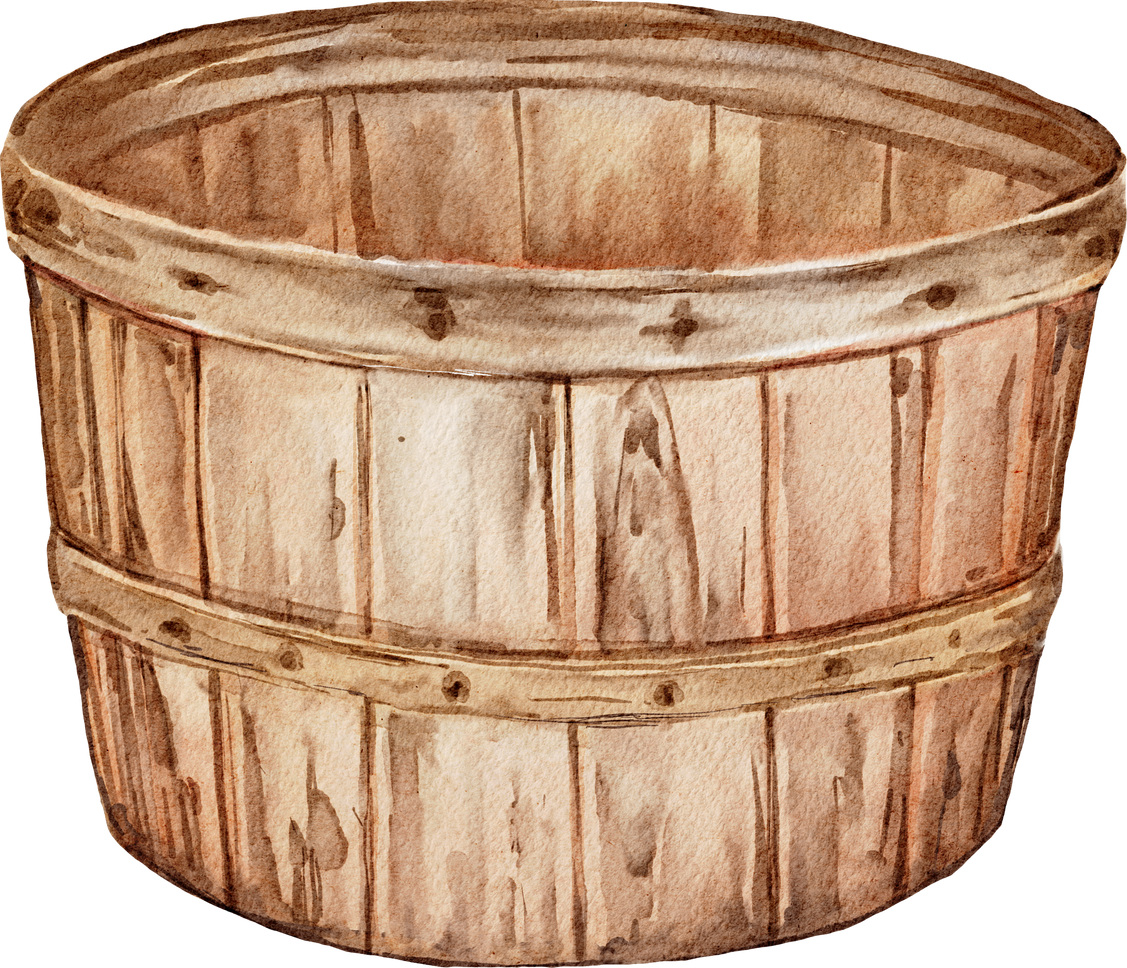 Watercolor wooden bushel basket.